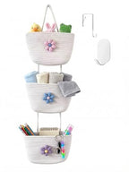 3-Tier Woven Cotton Rope Hanging Basket, Over the Door Organizer, Adjustable Detachable Wall Basket with Metal & Adhesive Hooks, No Drilling for Playroom, Toddler Nursery & Little Girls Room - style: BigFlower