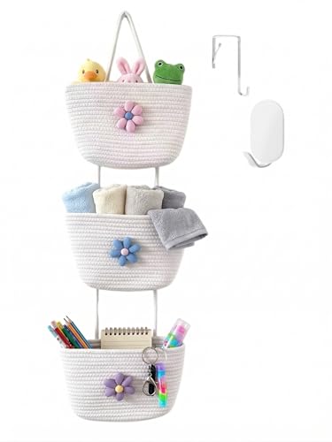 3-Tier Woven Cotton Rope Hanging Basket, Over the Door Organizer, Adjustable Detachable Wall Basket with Metal & Adhesive Hooks, No Drilling for Playroom, Toddler Nursery & Little Girls Room - style: BigFlower
