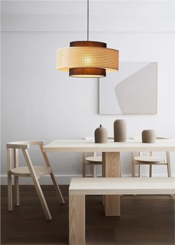 LIGHTLAND Rattan Farmhouse Pendant Light Fixture, Hand Woven Dining Room Pendant Light with Fabric Shade, Rustic Pendant Hanging Light Fixture for Kitchen Island Rattan Pendant Lighting 20'' - color: Style A, 20 Inch