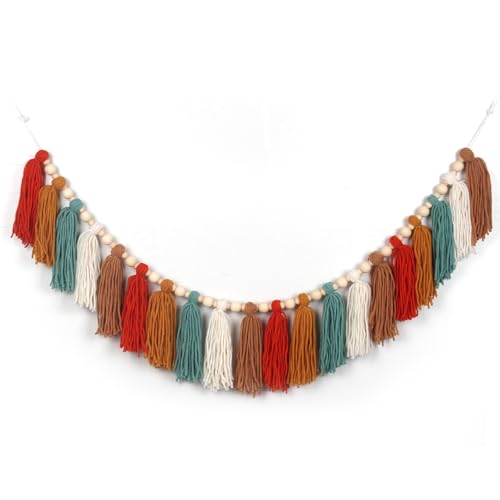 GIAUMA Burnt Orange Boho Yarn Tassel Garland with Wood Beads Earth Tone Wall Hanging Tassels Bunting Banner Nursery Decor for Classroom Baby Shower Birthday Kids Room Dorm Bedroom Decorations - color: Orange