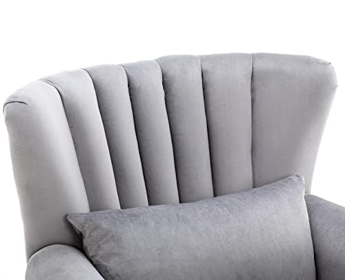 Kmax Grey Accent Chair Velvet Wingback Chair with Pillow Nail-Head Channel Tufted Oversized Club Chair for Living Room Bedroom Guest Room - color: Grey