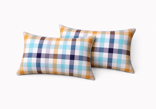 Native Fab Throw Pillow Covers 2 Pack, 12x20 Inches, 100% Cotton, Summer Plaid Design, Bright Decorative Lumbar Cushion Cases, Cheerful Decor for Sunroom, Sofa, Couch, Riviera Blue & Sunflower - color: Gingham Riviera Blue & Sunflower Plaid, size: 20" x 1