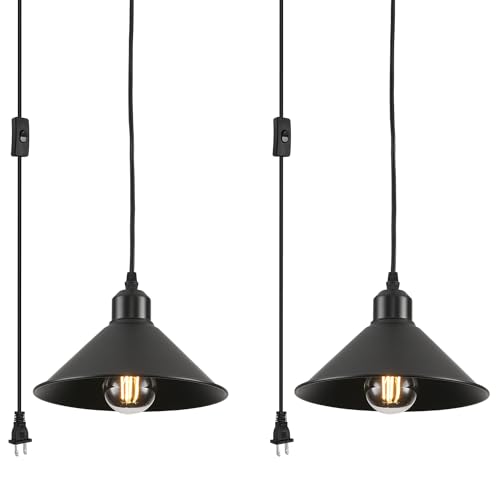 Black Plug in Pendant Light, 2 Pack Industrial Hanging Lamp Black Vintage Pendant Lighting Fixtures with 15ft Cord On/Off Switch for Kitchen Island Dinning Hall Bedroom - color: Black Plug in Pendant Light 8.2IN