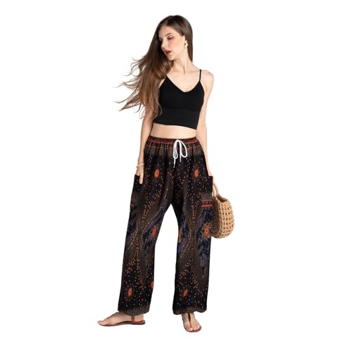 Tranquil Threads Women's Harem Pants with Pockets and Drawstring, Hippie Boho Yoga Clothes - color: Black Feather, size: X-Small