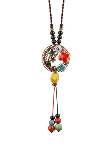 MINACHI Vintage Bohemian Colorful Ceramic Bead Antique Flower Y Necklace, Vintage Boho Hippie Statement Jewelry Gift for Women - color: S05