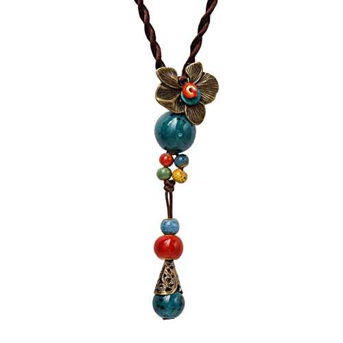 MINACHI Vintage Bohemian Colorful Ceramic Bead Antique Flower Y Necklace, Vintage Boho Hippie Statement Jewelry Gift for Women - color: S01A