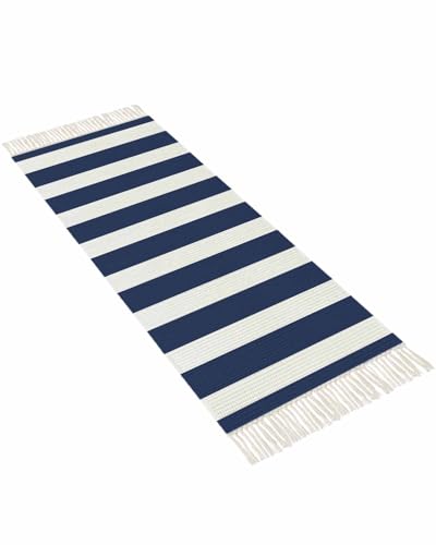 Navy Blue Stripes Kitchen Runner Rug 2'x4', Washable Woven Cotton Area Rug with Tassels Bathroom Hallway Rug, Farmhouse White Simple Vertical Striped Entryway Bedroom Rug Non Slip Throw Rug Carpet - color: Navy Blue, size: 2 x 4 ft
