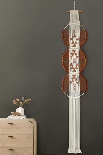 Flber Macrame Wall Hanging Brown and white Boho Wall Decor Art Living room wall art Round Handmade Geometric Lines Home Décor 11.8W x 65L - color: Brown1