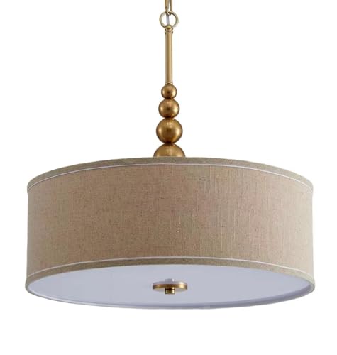 Shrine Lighting Drum Chandeliers, Farmhouse Style, Perfect Drum Pendant Light for Dining Room, D20'' x H7'', Adjustable Chains 59'', E26*3 Sockets, Beige Linen Fabric Lampshade & Gold Rod - color: Beige&Gold D20''