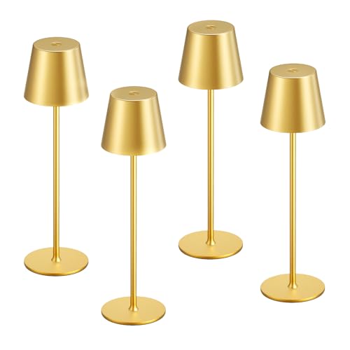 Kakanuo Cordless Table Lamp Rechargeable Gold - KK 4 Pack Battery Operated Lamp for Dining Table, 3 Color Stepless Dimming Wireless Lamp for Counter, Outdoor Patio, Touch Control - color: Gold 1, size: 4 Pack 14in - Down Light