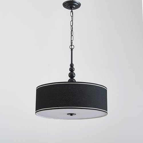 Shrine Lighting Drum Chandeliers, Farmhouse Style, Perfect Drum Pendant Light for Dining Room, D21'' x H8'', Adjustable Chains 59'', E26*3 Sockets, Black Linen Fabric Lampshade & Black Rod - color: Black D20''