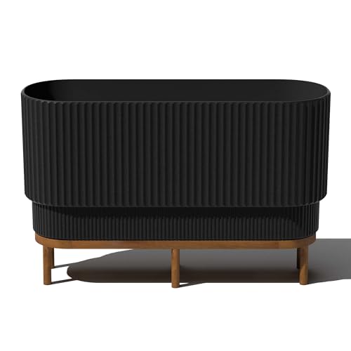 Veradek Demi Series Raised Long Planter for Indoor/Outdoor Use | Made from Plastic & Stone w/Wooden Stand | Modern Patio Décor for Flowers/Shrubs - color: Black/Brown, size: 30 inch