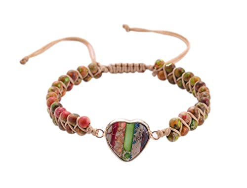 Women Boho Wrap Bracelet,Handmade Natural Stone Crystal Emperor Beads Heart Bracelet, Fashion Bohemian Jewelry Gift for Women - color: Colored Emperor Stone