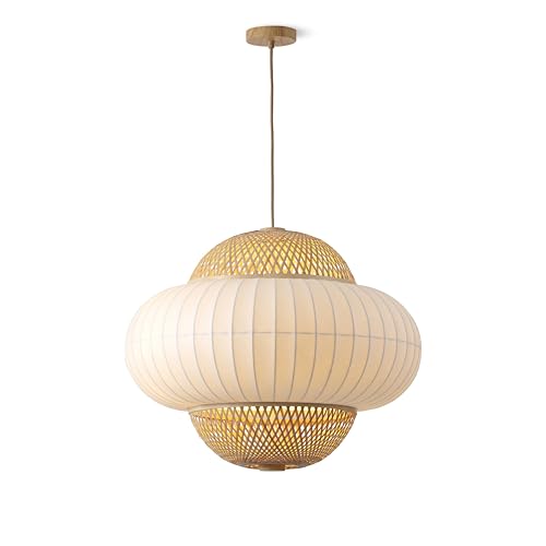 Hikari - Large Japanese Boho-Chic Bamboo 4 Light Pendant Light with Elegant Silk Fabric + Woven Bamboo Shade - Adjustable Hanging Cord for Living Room, Dining, & Kitchen Island, UL Listed - color: Hikari - 4 Light