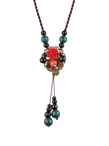 MINACHI Vintage Bohemian Colorful Ceramic Bead Antique Flower Y Necklace, Vintage Boho Hippie Statement Jewelry Gift for Women - color: S09