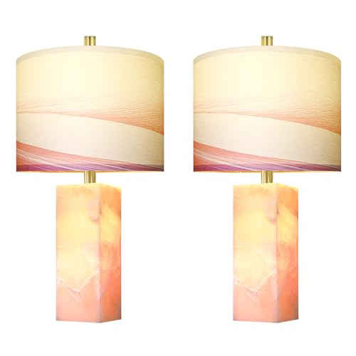 Scenekoy 23" Alabaster Table Lamp Set of 2 with Night Light for Bedroom Living Room, Rotary Switch, Pink Modern Table Lamp with Linen Shade, Nightstand Lamps for Room Bedside Office (Bulb Included) - color: Pink