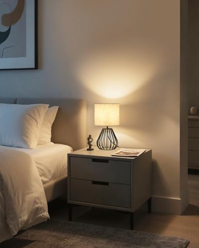 Small Bedside Table Lamp, Black Table Lamp with Metal Cage & Linen Lampshade, Modern Cute Desk Lamp, Cozy Nightstand Lamp for Bedroom, Living Room, Office, 2700K LED Bulb Included, E06TL05 - color: Beige + Black