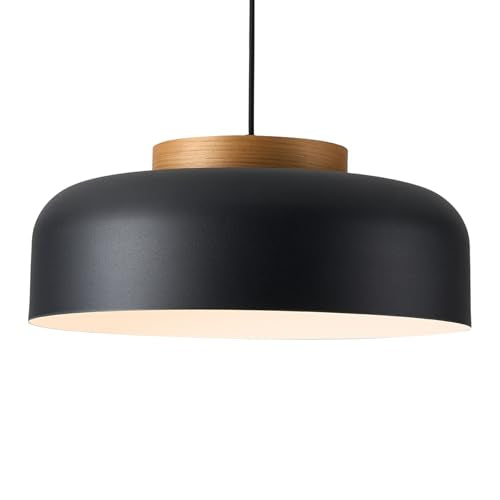 Modern Large Pendant Light Fixture, 17.7 inch,Natural Wood Cap, Matte Black Finish, Simple Pendant Lighting for Kitchen Island, Dining Room, Table - color: Black, size: 17.7 inches