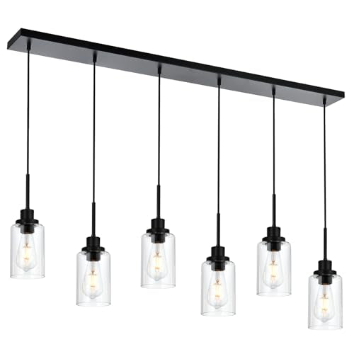 6-Lights Pendant Light Fixtures Ceiling, Modern Black Adjustable Hanging Lamp with Clear Glass Shades, Dining Room Kitchen Island Lighting E26 Bulb Base - color: Black, size: 6-Light