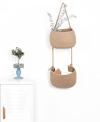 Over The Door Hanging Basket, 2 Tier Cotton Rope Woven Wall Basket, Magazine Racks Hanging Organizer, Decorative Hanging Storage Baskets for Organizing Living Room, Bathroom and Bedroom (Jute) - color: Jute