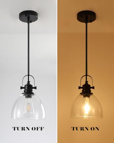 Pendant Lights Kitchen Island, 7.5 Inch Glass Pendant Lights Kitchen Island, Black Pendant Lighting with Adjustable Rod, Industrial Hanging Island Pendant Light for Kitchen, Bedroom (2 Pack) - color: Clear Glass-Black+Rod, size: 2-Pack