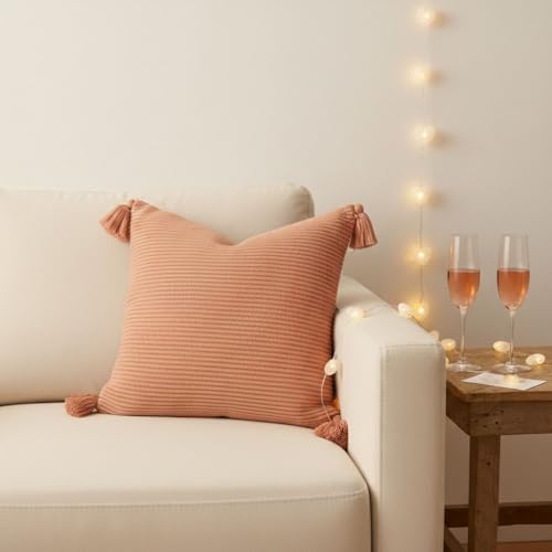 18x18 Ribbed Knit Throw Pillow Cover with Tassel Corners – Soft Pink Clay Valentine’s Day Gift – Evocative Earthy Decor for an Elevated Space - color: Pink Clay, size: 18" x 18" (Pack of 1)
