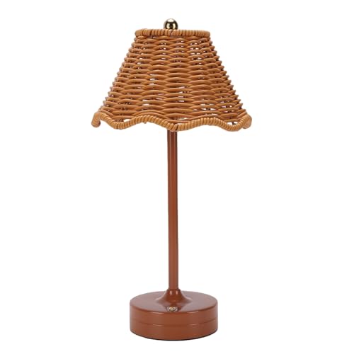 Boho Rattan Shade Table Lamp, Cordless Wicker Woven Vintage Table Lamp, 3 Colors Dimmable with Decorative Design, Ideal for Home Bedroom Living Room Office Decor (Brown) - color: Brown