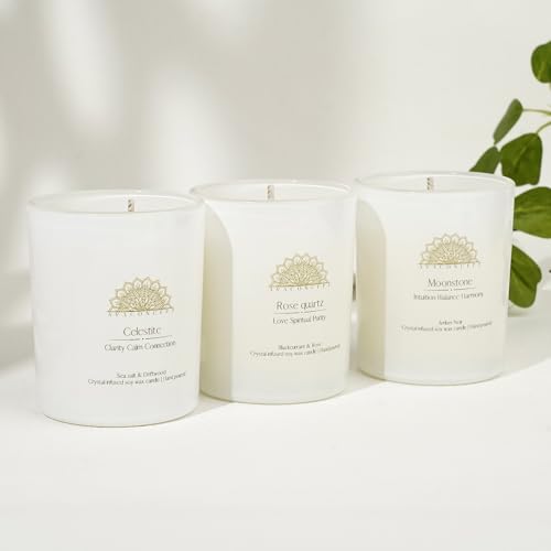 AvaConcept Healing Crystal Candle Gift Set – Set of 3 Celestite, Rose Quartz & Moonstone Hand-Poured Soy Wax Sea Salt Driftwood, Blackcurrant Rose & Amber Noir Aromatherapy Scents Premium Gift Box - size: 3.5oz, style: Sea Salt Driftwood, Blackcurrant Ros