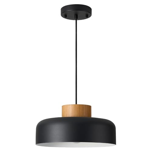 Modern Farmhouse Pendant Lights, 12.6 inch,Natural Wood Cap, Small Simple Ceiling Light Fixture for Kitchen Island, Dining Area, Matte Black - color: Black, size: 12.6 inches