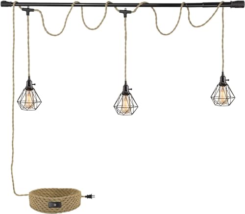 3-Light Hanging Light with Plug in Cord,Plug in Pendant Light 22ft Hemp Rope Pendant Lighting Vintage 3-Light Hanging Lamp Fixtures for Kitchen Island Living Room Bedroom - color: 3 Light Black Cage