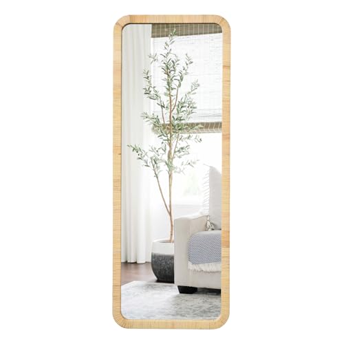 Large Rattan Mirror 20"x63" Rectangle Long Full Length Mirror Farmhouse Wicker Wooden Framed Full Body Floor Mirror Lean Against Wall for Bathroom Entryway Living Room Bedroom Fireplace Nature - size: 63"L x 20"W