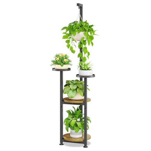 iDavosic.ly 4 Tier Hanging Plant Stand Indoor, Tall Vertical Corner Metal Flower Heavy Duty Pot Holder Shelf for Patio Porch Living Room, Modern Black & Rustic Brown - Round - color: Black with Hanging, size: 4 Tiers
