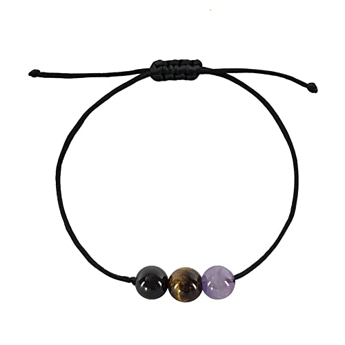 BOHO GARDEN Healing Bead Bracelets - Spiritual Crystal Beaded Bracelet - Made of 3 Real & Natural Gemstones, Adjustable 3-9.7” Black Rope - Gem Stones Jewelry for Men, Women, Teens (13+) - 8mm Bead - color: NoNegativity