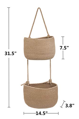 Over The Door Hanging Basket, 2 Tier Cotton Rope Woven Wall Basket, Magazine Racks Hanging Organizer, Decorative Hanging Storage Baskets for Organizing Living Room, Bathroom and Bedroom (Jute) - color: Jute