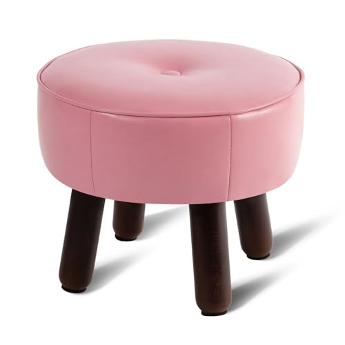oakvivo Small Foot Stool Round Pouf Ottoman, 13'' Leather Foot Rest with Non-Skid Rubber Legs, Foolstool Ottomans for Couch, Sofa Footrest Step Stool for Living Room Bedroom Entryway Office, Pink - color: Pink