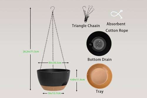 Hanging Planters 3-Pack, 8 Inch Self-Watering Hanging Pots with Drainage Hole and Chains, Plastic Planters for Indoor Outdoor（Black Brown） - color: Black Brown, size: 8 inches
