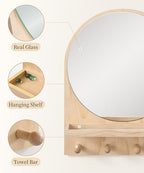 Maxpeuvon Nursery Mirror, Boho Circle Mirror Wall Mount Natural Wood Shelf Hanging Arch Modern Wall Decor for Nursery Living Room Entryway Hallway Bathroom, 14x18 Inch