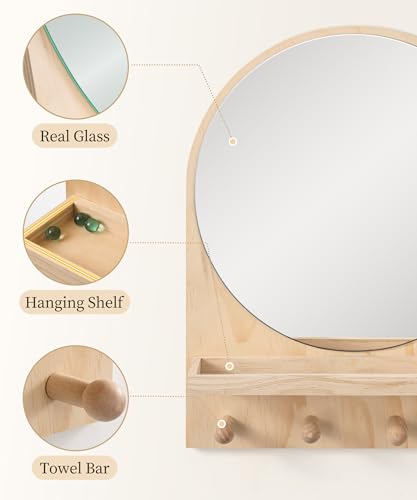 Maxpeuvon Nursery Mirror, Boho Circle Mirror Wall Mount Natural Wood Shelf Hanging Arch Modern Wall Decor for Nursery Living Room Entryway Hallway Bathroom, 14x18 Inch
