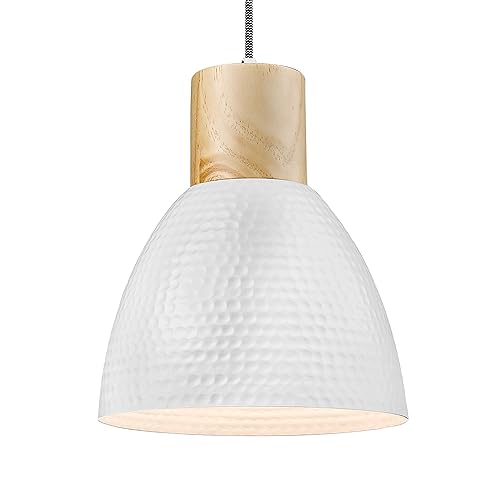 ELYONA 10.2” Hammered Pendant Light Fixtures, Metal & Rubber Wood Island Hanging Lamp, Adjustable Height, Modern Pendant Lighting for Kitchen,Farmhouse Bar,Dining Room,Bedroom, Nordic White - color: White - 1 Pack