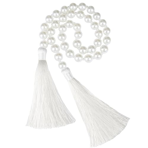 34 Inch Pearl Glass Bead Garland with Tassels - Elegant Boho Table Decor, Fringe Wall Hanging for Wedding, Party, Farmhouse Rustic Prayer Bead Home Decoration (White, 1 Pack) - color: White, size: 1 Pack
