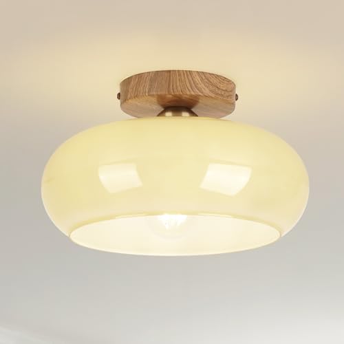 Mid Century Modern Schoolhouse Semi Flush Mount Ceiling Light, Cream Glass Lamp with Wood Grain Metal Base, Rustic Farmhouse Lighting Fixture for Bedroom, Hallway, Dining, Living, Entryway - color: Cream Milk A