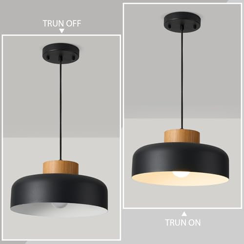 Modern Farmhouse Pendant Lights, 12.6 inch,Natural Wood Cap, Small Simple Ceiling Light Fixture for Kitchen Island, Dining Area, Matte Black - color: Black, size: 12.6 inches