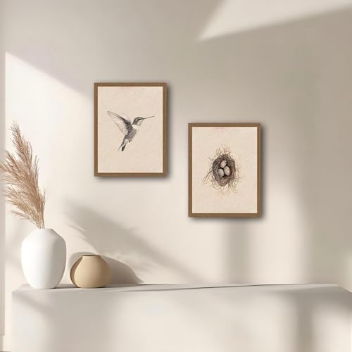 2pcs Retro Framed Canvas Prints - Hummingbird Bird Nest Wall Art Hummingbird Sketch Oil Painting Stunning Nature Wall Art For Living Room, Bedroom, Office Decor 16x24in - color: Hummingbirds return to their nests, size: 16x24in
