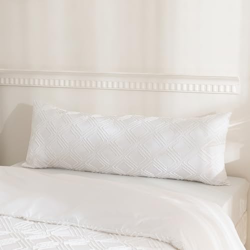 JELLYMONI Pillowcases Body Size White 1 Pack Boho Plaid Bed Pillow Covers 20x54in Polyester Envelope Pillow Shams Tufted Bohemian Jacquard Knit Textured (Pillows are not Included) - color: 04 - White - Grid, size: 54" x 20" (Pack of 1)