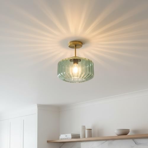 Sage Green Ribbed Glass Semi-Flush Mount Ceiling Light, 11.02" Modern Close to Ceiling Lamp, Gold Ceiling Light Fixture for Kitchen Bathroom Hallway - color: Mint Green, 1-Light