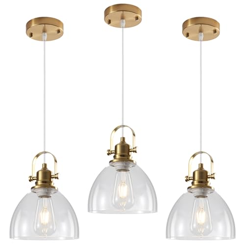 Glass Pendant Lights Kitchen Island 3 Packs, Gold Kitchen Pendant Lighting Over Island, 7.5 inch Modern Kitchen Island Pendant Lights, Farmhouse Pendant Light for Kitchen, Bedroom, Bathroom - color: Clear Glass-Gold+Cord, size: 3-Pack