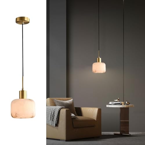 Alabaster Pendant Light Natural White Stone Shade Mini Hanging Lamp Kitchen Island Lighting with Solid Brass Body for Dining Room Bedroom, Adjustable Height 6.69", E26 Socket