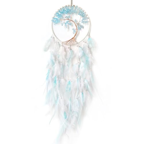 White and Cyan Dream Catcher with Tree of Life | Handmade, Wall Decor, Wall Hanging Ornament, Bedroom Living Room Home Decor