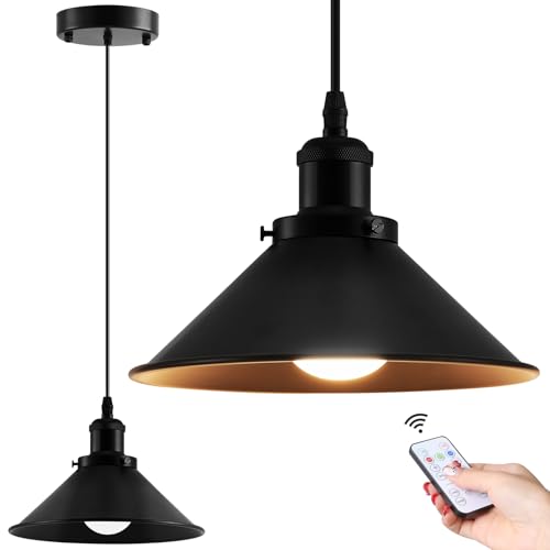 Bailoch 1 Pack Black Battery Operated Pendant Lights, Rechargeable No Wiring Chandelier with Remote，Wireless Battery Powered Hanging Lamp Fixture for Ceiling Kitchen Island Dining Room Hallway Bedroom