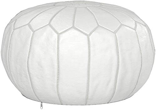ARTOUARZAZATE Premium Moroccan Leather Pouf Cover - Round & Large Ottoman Footstool Cover with Embroidery - Cover ONLY - Perfect for The Living Room Bedroom, Kids Room, Gift & Wedding (White)